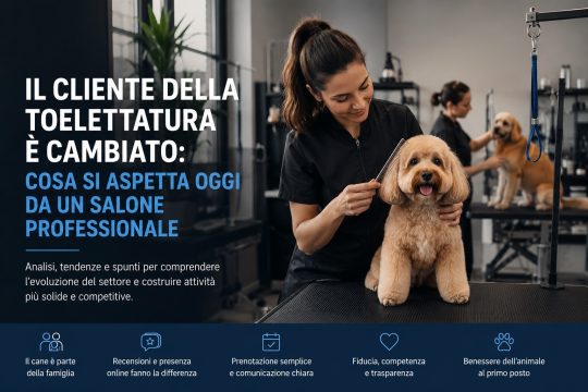 Toelettatrice al lavoro in un moderno salone di toelettatura professionale con un cane durante la fase di rifinitura del mantello.